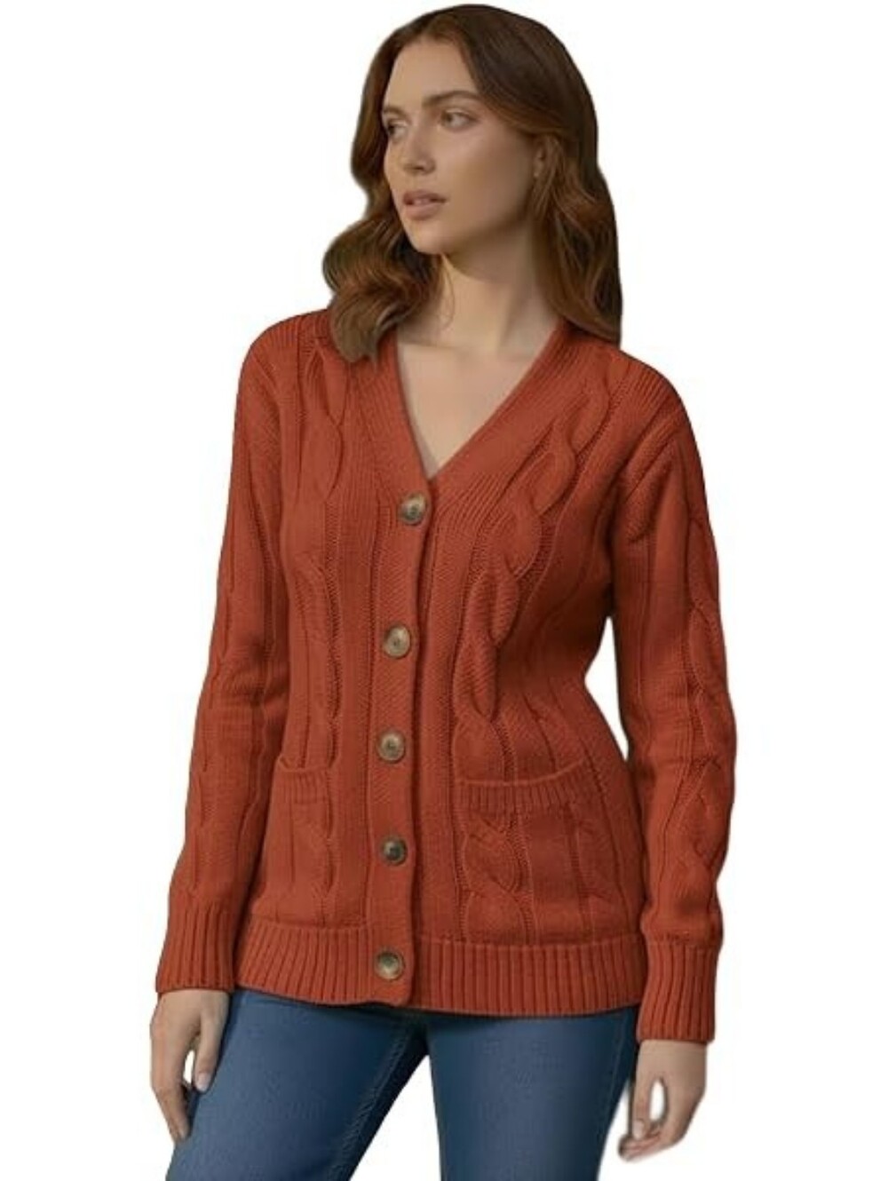 Cable Knit Button-Front Cardigan in Rust Orange